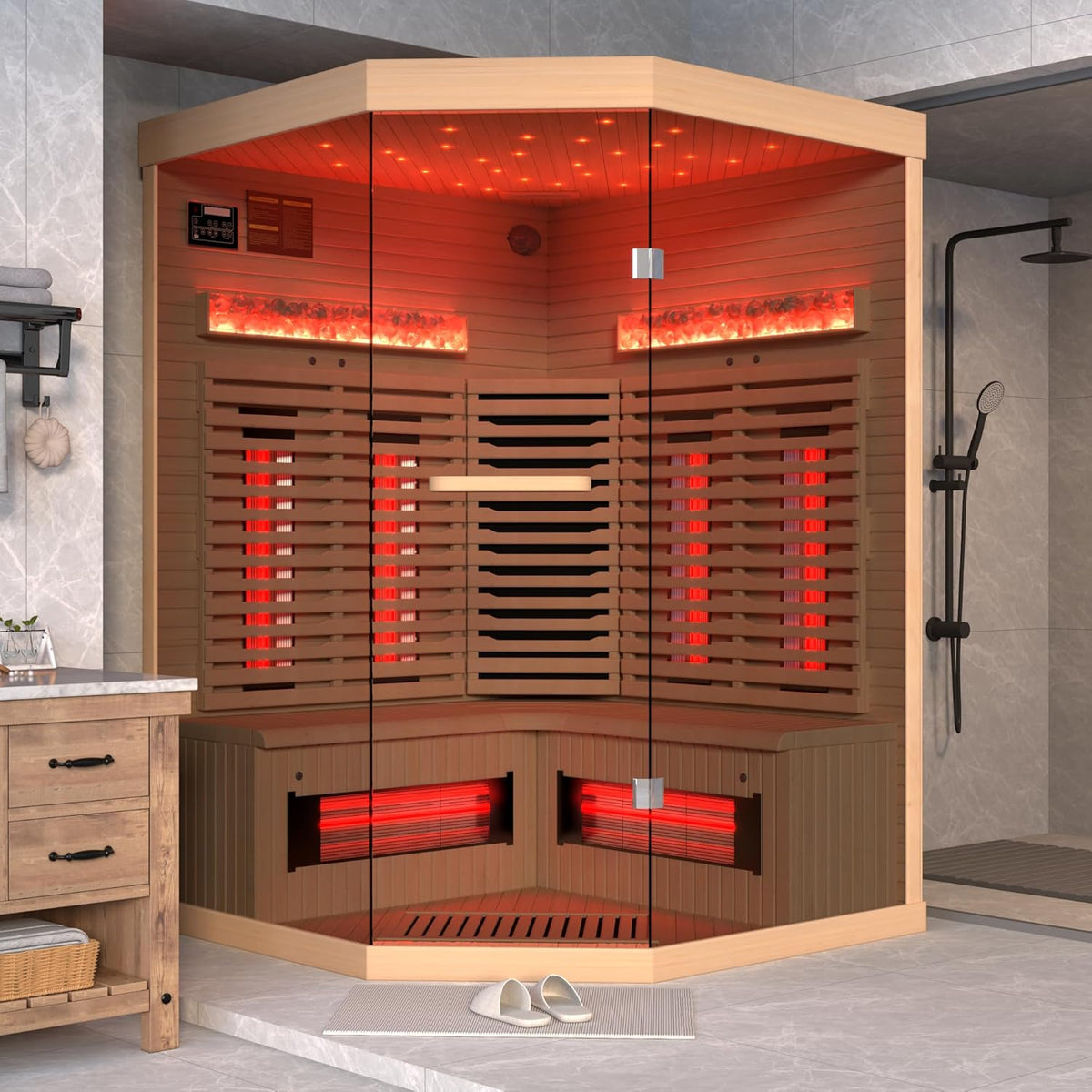 3-4 Person Corner Infrared Sauna- Luxury Home Sauna Spa Room with Himalayan Salt Therapy, Canadian Hemlock&Panoramic Tempered Glass,220V — product view 10