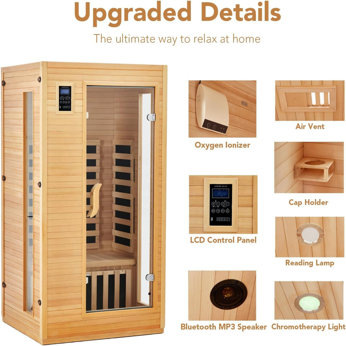 2024 Upgrade 1 to 2 Person Infrared Sauna, Low EMF Infrared Sauna for Home, Indoor Sauna Room, Hemlock Wooden Far Infrared Sauna, Dry Sauna with Bluetooth Speakers, LED Reading and Chromotherapy Lamp — product view 5