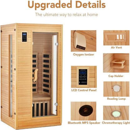 2024 Upgrade 1 to 2 Person Infrared Sauna, Low EMF Infrared Sauna for Home, Indoor Sauna Room, Hemlock Wooden Far Infrared Sauna, Dry Sauna with Bluetooth Speakers, LED Reading and Chromotherapy Lamp — product view 5