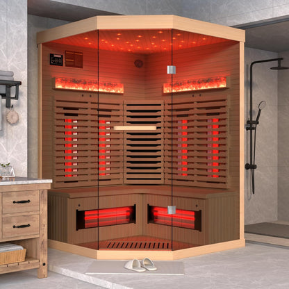 3-4 Person Corner Infrared Sauna- Luxury Home Sauna Spa Room with Himalayan Salt Therapy, Canadian Hemlock&Panoramic Tempered Glass,220V — product view 10
