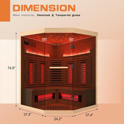 3-4 Person Corner Infrared Sauna- Luxury Home Sauna Spa Room with Himalayan Salt Therapy, Canadian Hemlock&Panoramic Tempered Glass,220V — product view 5