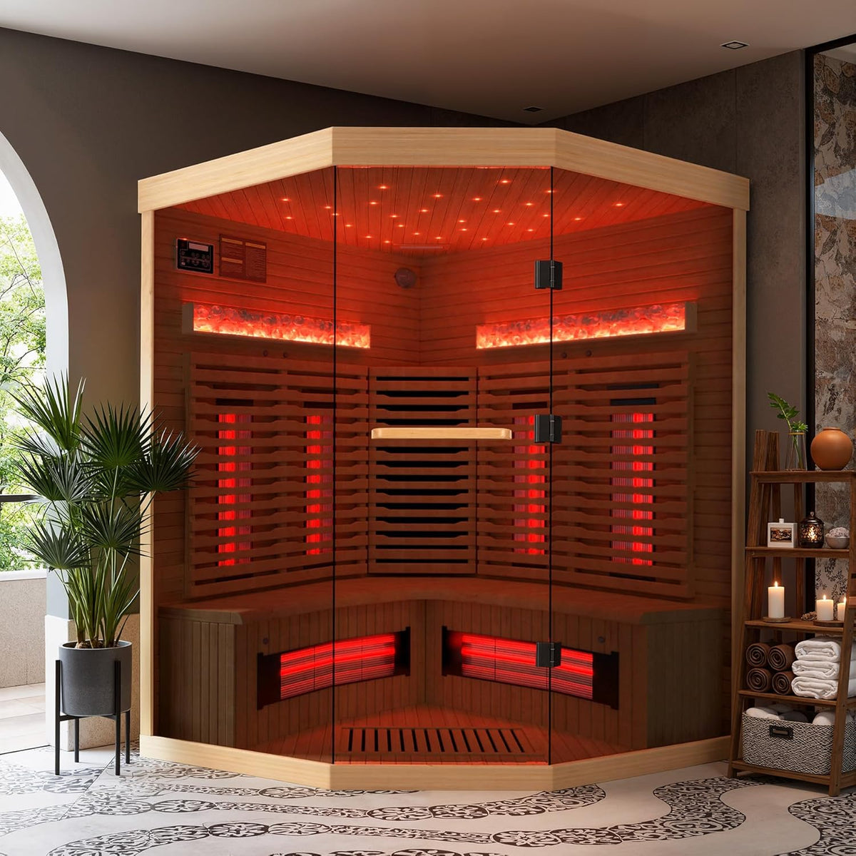 3-4 Person Corner Infrared Sauna- Luxury Home Sauna Spa Room with Himalayan Salt Therapy, Canadian Hemlock&Panoramic Tempered Glass,220V — product view 7