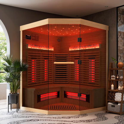 3-4 Person Corner Infrared Sauna- Luxury Home Sauna Spa Room with Himalayan Salt Therapy, Canadian Hemlock&Panoramic Tempered Glass,220V — product view 7