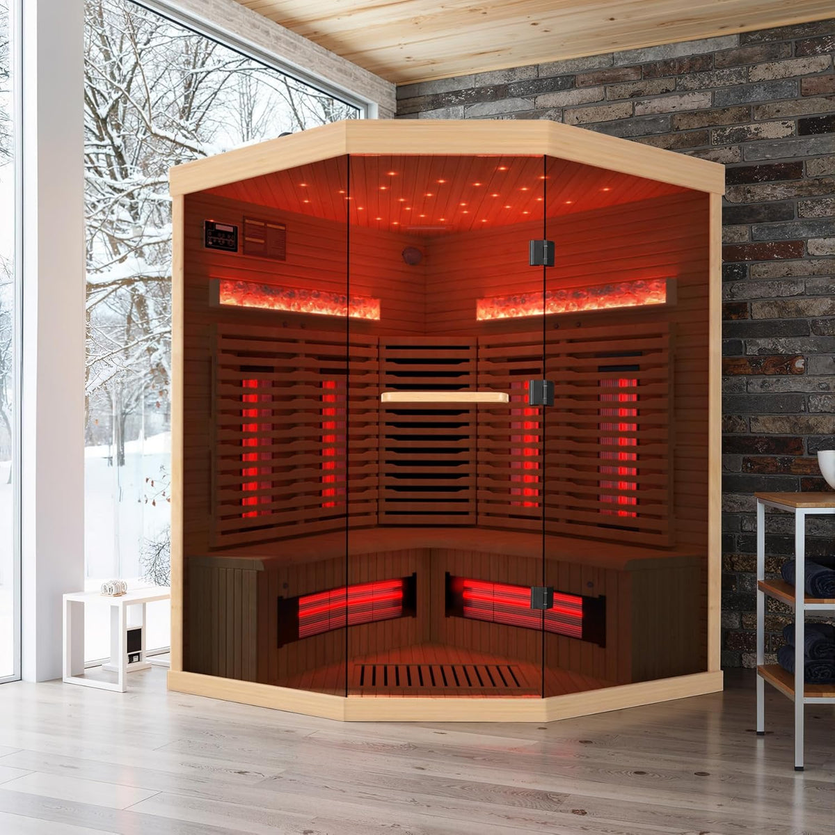 3-4 Person Corner Infrared Sauna- Luxury Home Sauna Spa Room with Himalayan Salt Therapy, Canadian Hemlock&Panoramic Tempered Glass,220V — product view 8