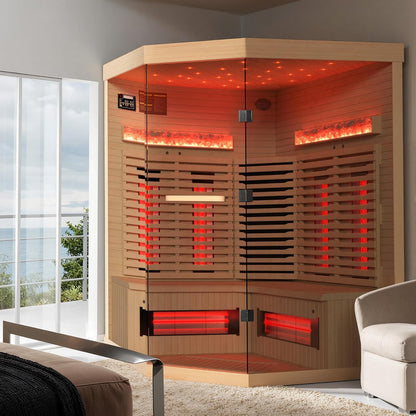 3-4 Person Corner Infrared Sauna- Luxury Home Sauna Spa Room with Himalayan Salt Therapy, Canadian Hemlock&Panoramic Tempered Glass,220V — product view 9