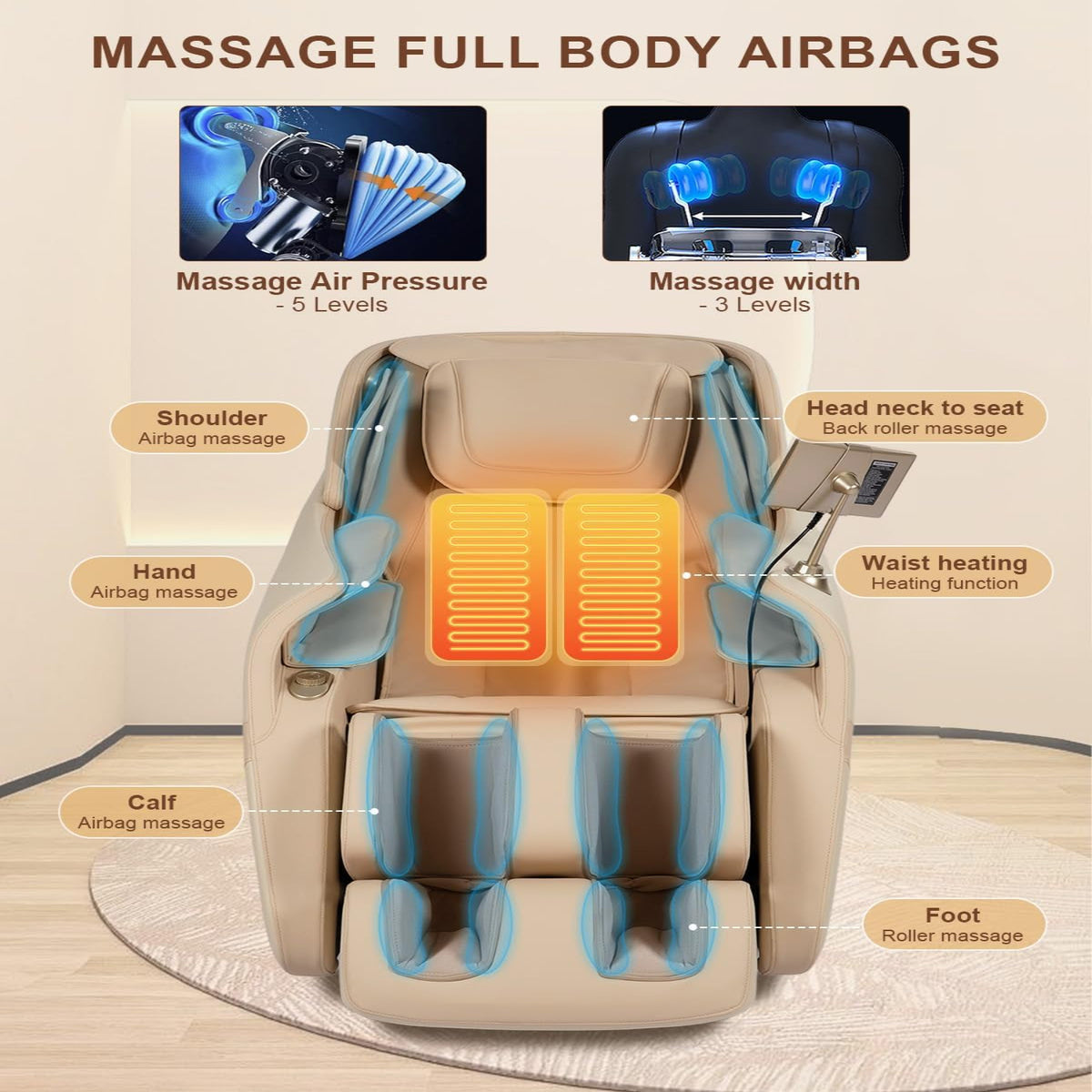 Massage Chair Full Body, Zero Gravity, Airbag Shiatsu, Sl-Track, Beige — product view 5